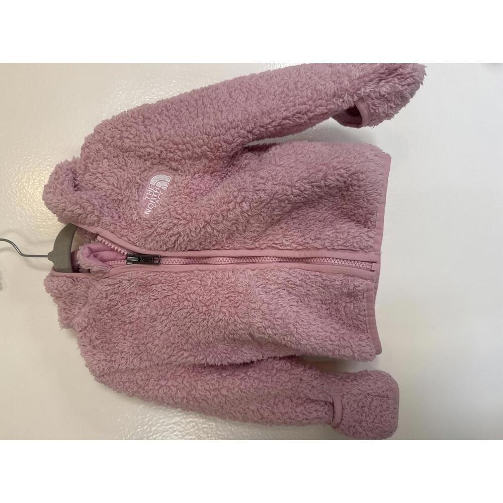 EUC Pink fuzzy bear north face girls zip up jacket 12-18 months